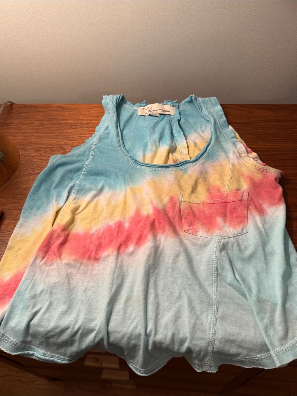 Vintage Havana Aqua Tie-Dye Scoop Tank with Coral & Yellow Band